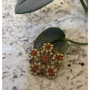 Vintage Round Floral‎ Rhinestone Brooch Pin Fall Colors Green Orange Brown Gold